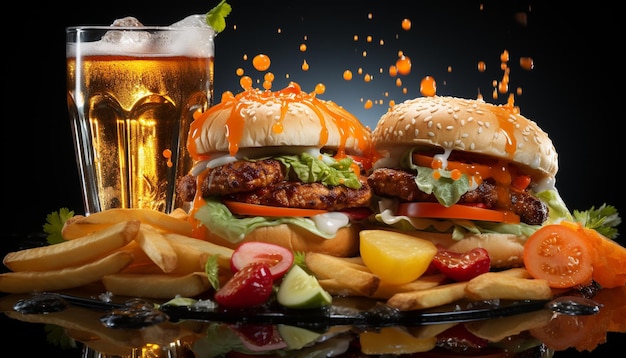 Burger grillé avec frites au fromage et boisson au cola rafraîchissante générée par l'intelligence artificielle