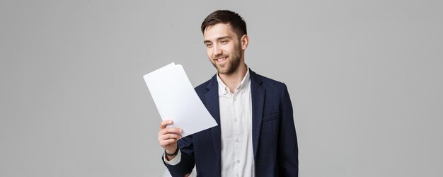 Business Concept Portrait Handsome Business man happy working with annual report White Background Copy Space