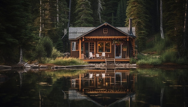 Cabane en rondins rustique nichée dans une forêt paisible générée par l'IA