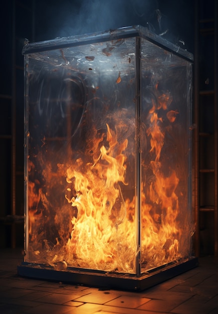 Photo gratuite cabine en verre 3d en feu avec des flammes