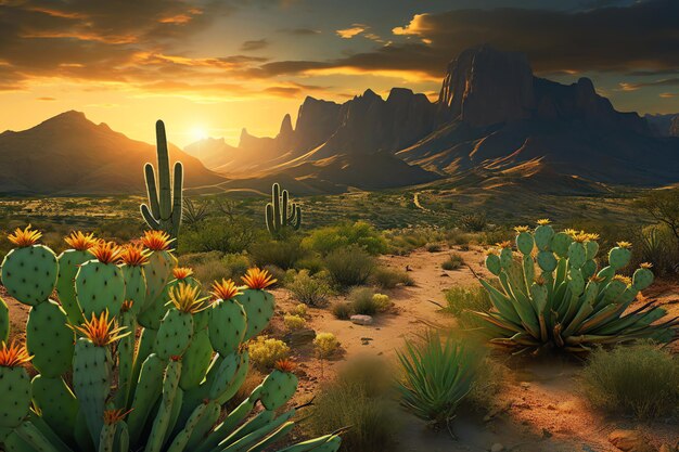 Cactus du désert au coucher du soleil image générée par l'IA