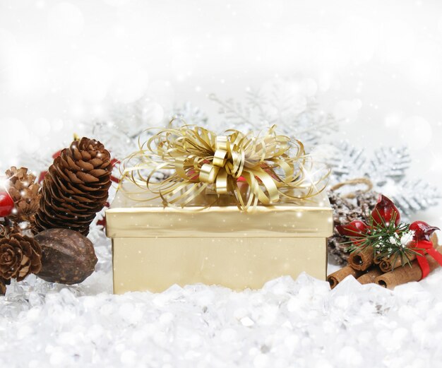 cadeau de Noël niché dans la neige avec des pommes de pin et canelle