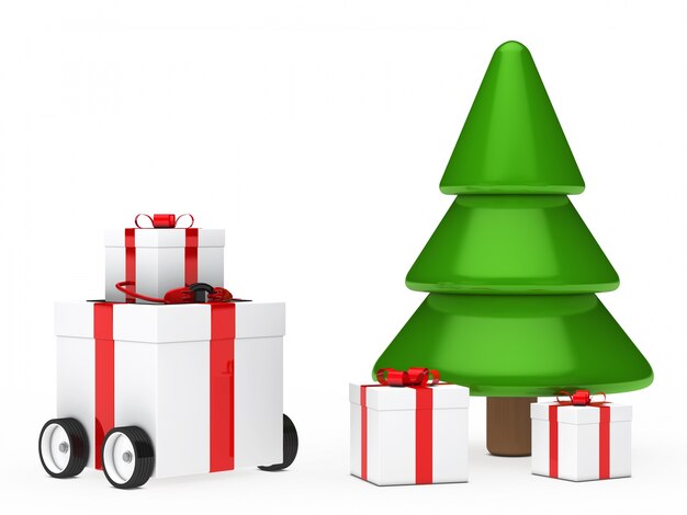 Cadeau avec la roue à côté de l&#39;arbre de Noël