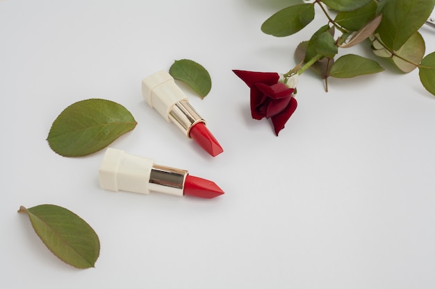 Cadre à angle élevé avec rouge à lèvres et rose