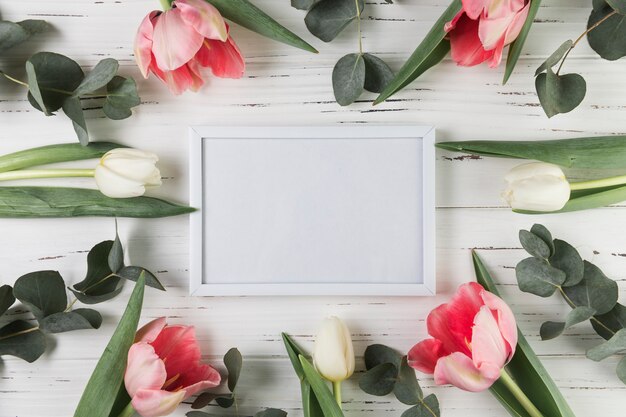 Cadre blanc blanc entouré de tulipes blanches et roses sur un bureau en bois