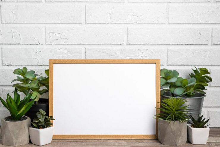Photo gratuit un cadre blanc à côté des pots de fleurs