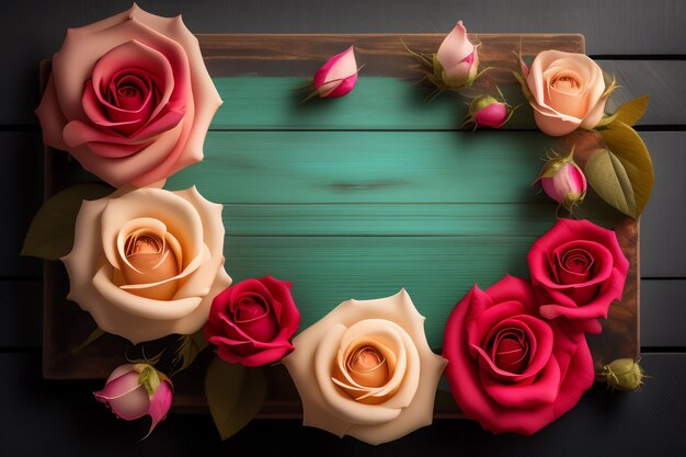 Un cadre en bois avec des roses roses et rouges dessus