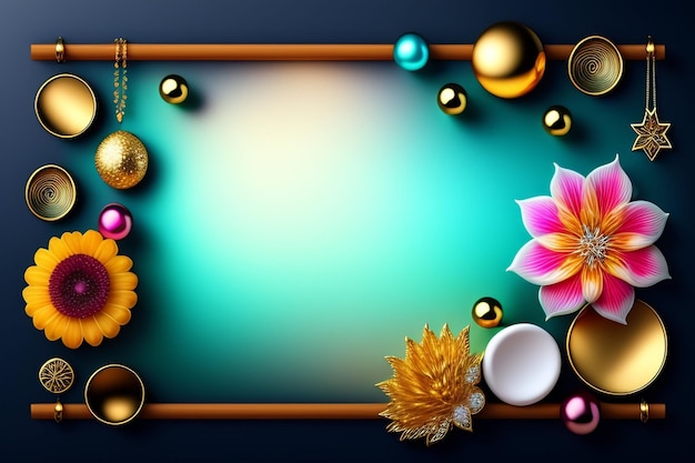 Photo gratuite un cadre coloré avec des perles dorées et un cadre avec une fleur dessus.