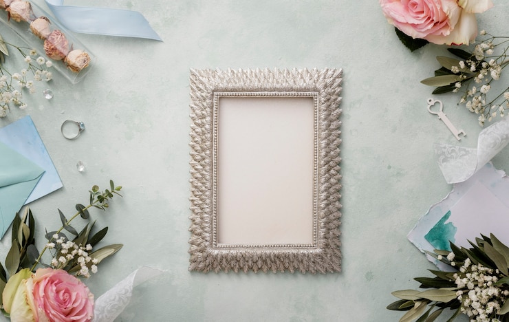 Photo gratuit cadre avec décorations de mariage à côté