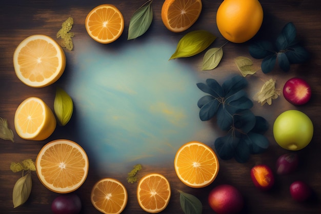 Photo gratuite un cadre de fruits colorés avec un fond bleu et un bouquet d'oranges et une feuille verte sur le dessus