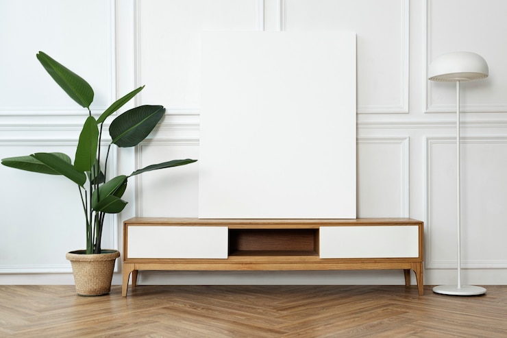 Photo gratuit cadre photo sur une armoire avec un intérieur de maison scandinave