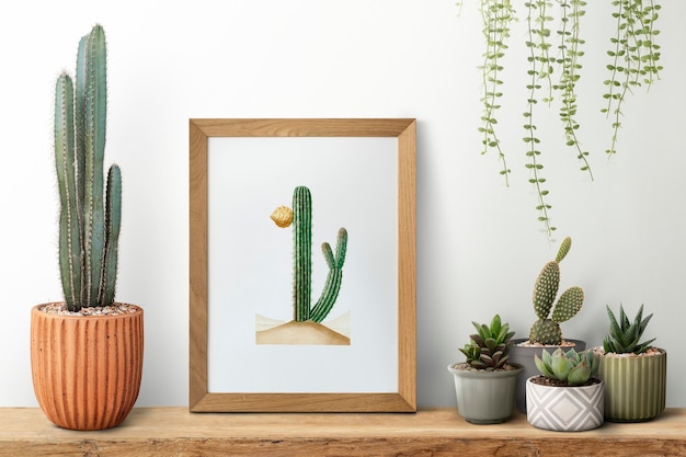 Cadre photo en bois sur une étagère avec cactus