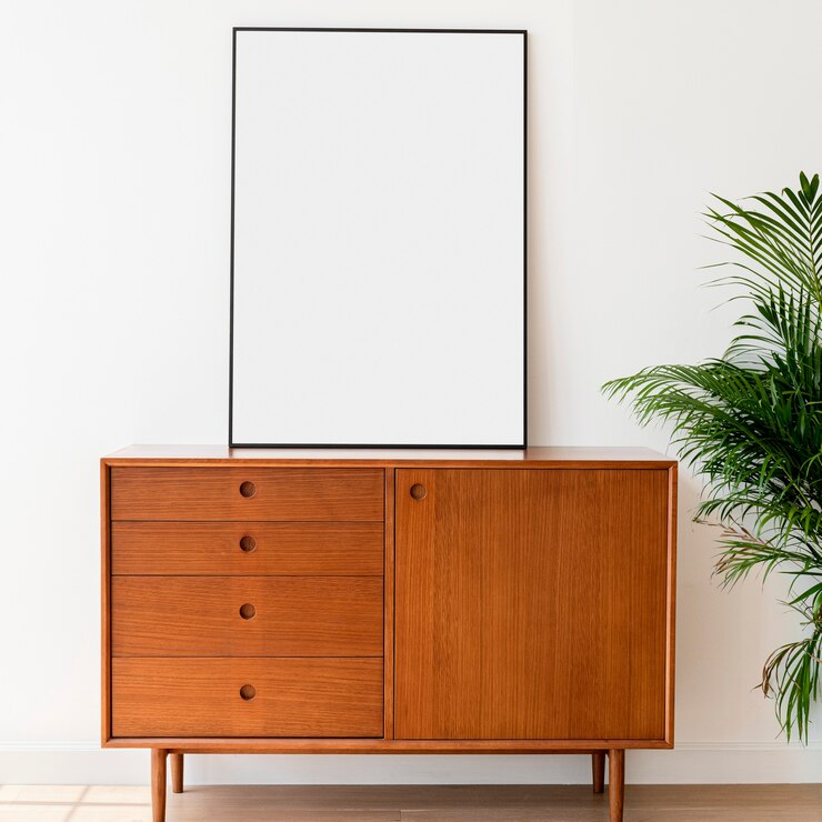 Photo gratuit cadre photo vide sur une armoire en bois