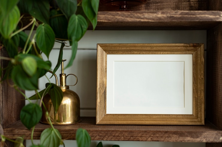 Photo gratuit cadre vierge sur des idées de décoration d'étagère pour plantes