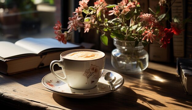 Photo gratuite café confortable livre de table en bois cappuccino relaxation fraîcheur générée par l'intelligence artificielle