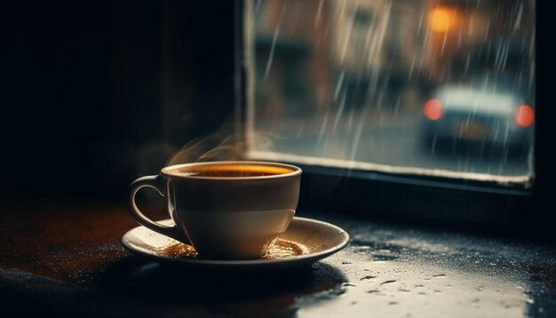 Café fraîchement infusé dans une soucoupe de tasse de thé rustique générée par l'IA