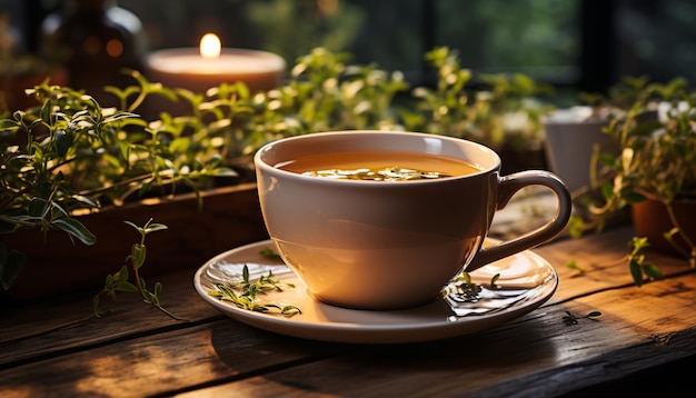 Café frais dans une tasse rustique entourée de la beauté de la nature générée par l'intelligence artificielle