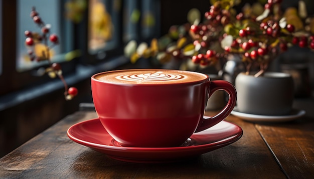 Photo gratuite un café rustique sert un cappuccino frais sur une soucoupe en bois générée par l'intelligence artificielle