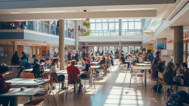 Une cafétéria scolaire animée à l’heure du déjeuner