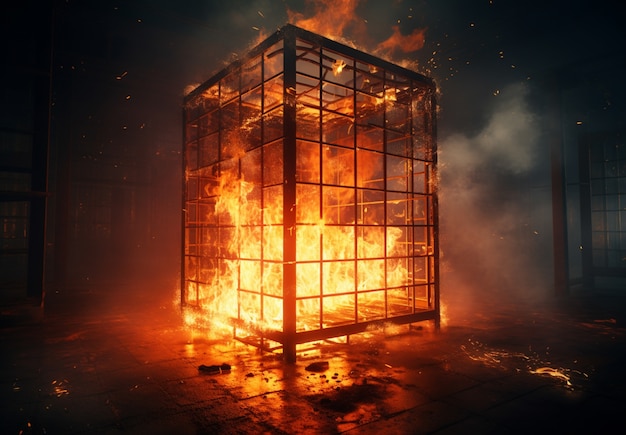 Photo gratuite cage 3d en feu avec des flammes