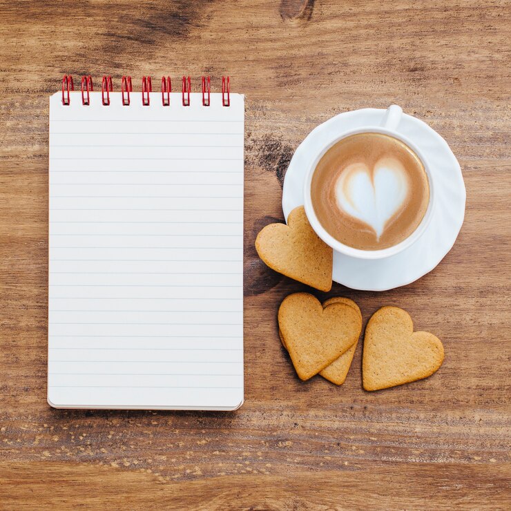 Cahier d'école vintage avec petit déjeuner et café.