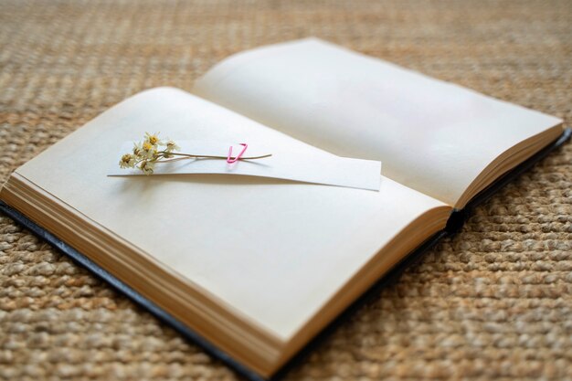 Cahier ouvert à angle élevé et fleur
