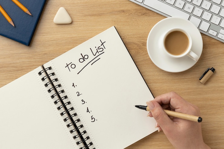 Photo gratuit cahier à plat avec liste de tâches sur le bureau