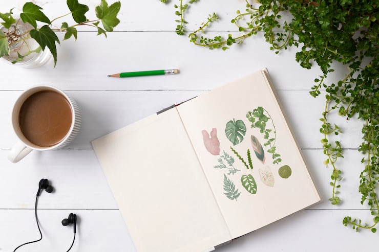 Photo gratuit cahier à plat posé dans des plantes avec des illustrations dessinées à la main