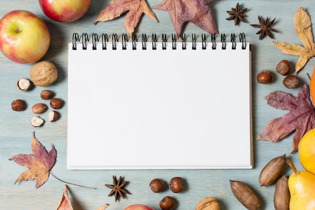 Cahier vue de dessus et arrangement de fruits