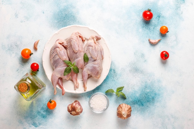 Cailles crues écologiques faites maison prêtes pour la cuisson.