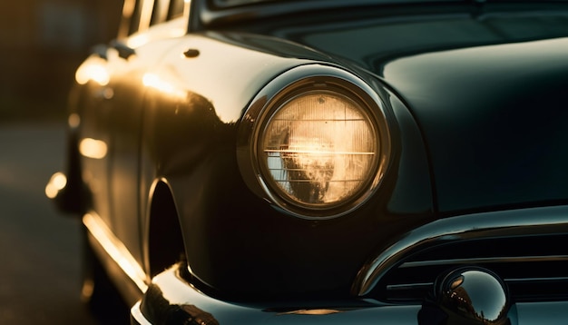 La calandre chromée d'une voiture d'époque brille dans les lumières de la ville générées par l'IA