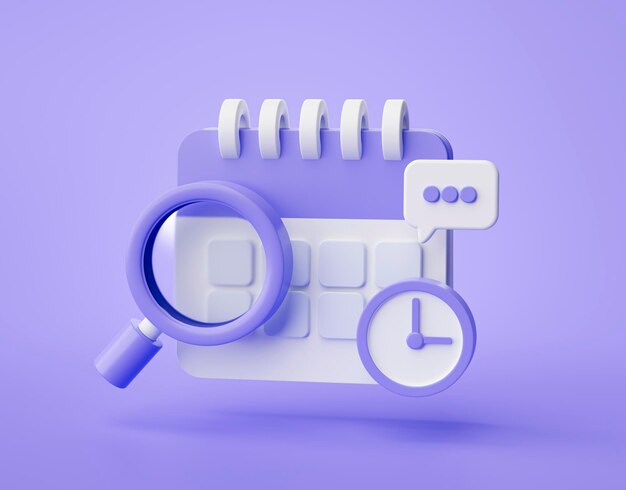 Calendrier violet horloge recherche icône rappel notification concept site web ui sur fond violet illustration de rendu 3d