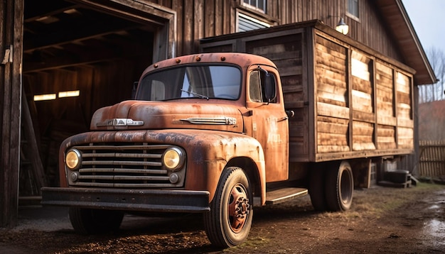 Photo gratuite camion à l'ancienne livrant des marchandises sur une ferme rurale générée par l'ia