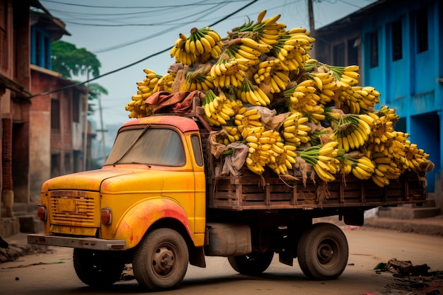 Un camion chargé de bananes crues