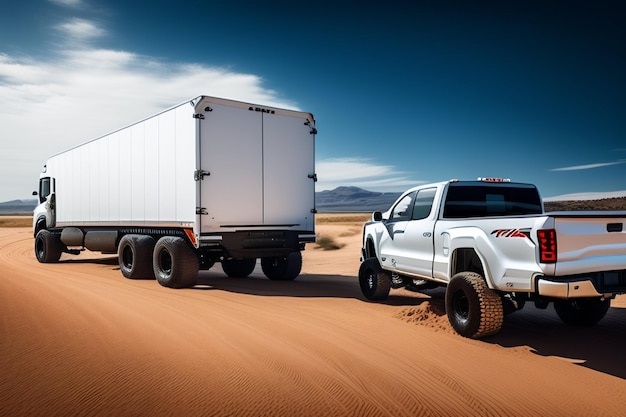 Photo gratuite un camion ram 2500 blanc avec une remorque sur le côté