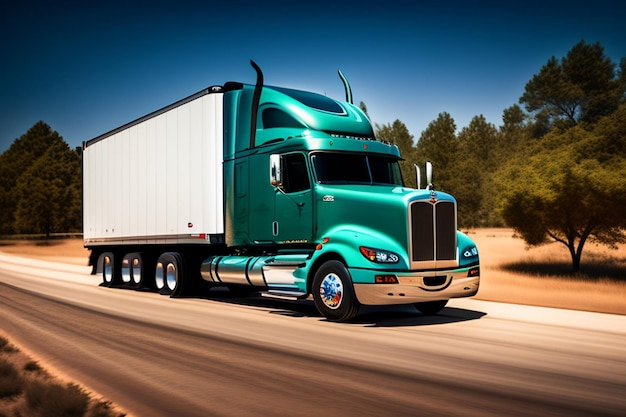 Un camion vert avec une remorque blanche sur la route