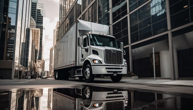 Le camionnage de nuit livre des marchandises à un entrepôt en acier généré par l'IA