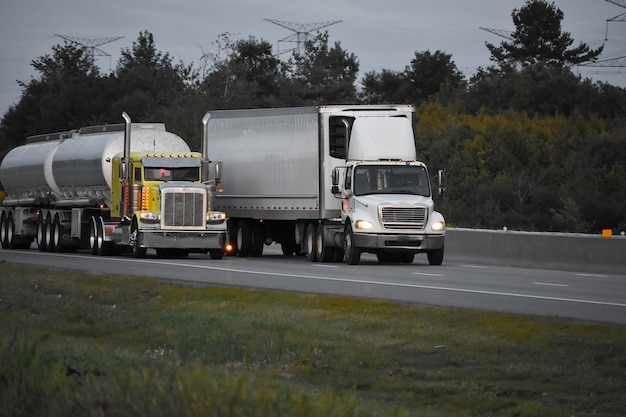 Camions remorques roulant sur la route entourée de beaux arbres verts