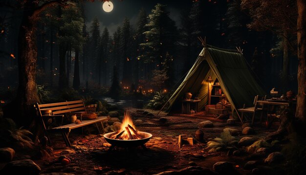 Camping dans la forêt sombre, brûlant du bois, l'aventure d'automne commence générée par l'intelligence artificielle