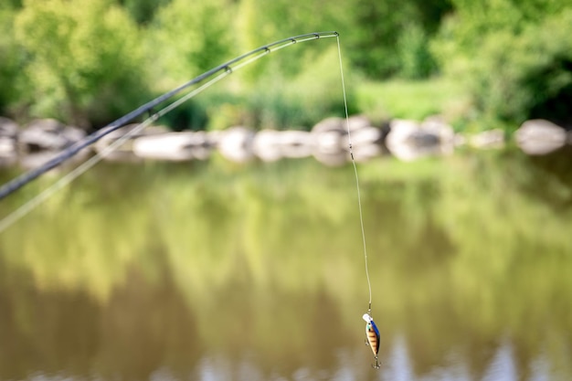 Photo gratuite canne à pêche sur un arrière-plan flou du lac