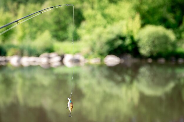 Photo gratuite canne à pêche sur un arrière-plan flou du lac