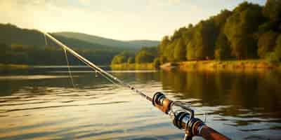 Photo gratuite une canne à pêche au premier plan avec un lac tranquille derrière