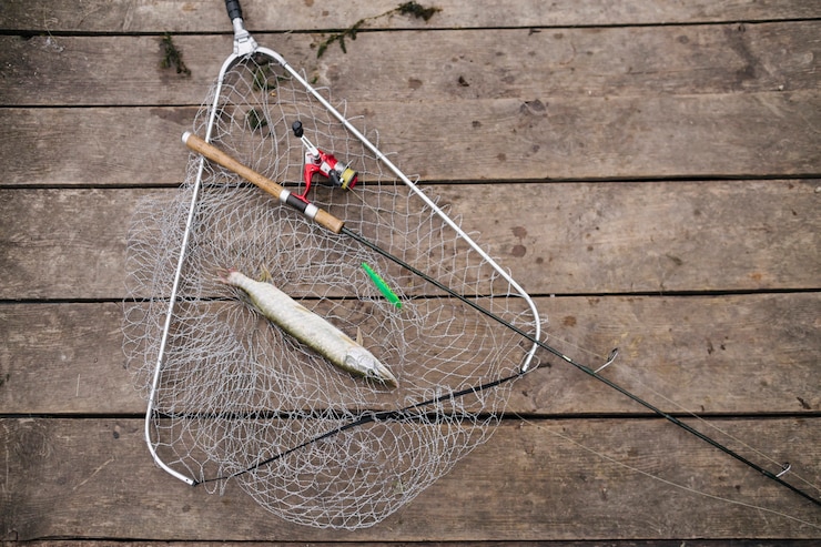 Photo gratuit canne à pêche et poissons d&#39;eau douce dans le filet de pêche