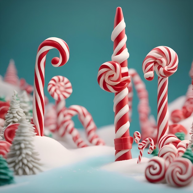 Photo gratuite cannes de bonbon de noël et sapins dans la neige illustration 3d