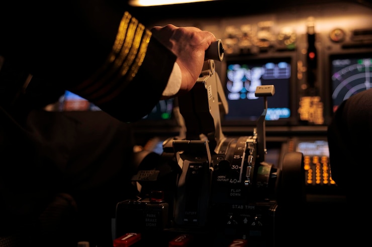 Photo gratuit capitaine d'avion étranglant le moteur pour décoller et piloter le jet dans le cockpit, piloter l'avion à l'aide des commandes du tableau de bord et des boutons du panneau de commande. regardant le pare-brise et le compas radar, décollant. fermer.