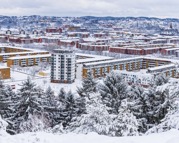 Capture en grand angle d'une belle zone résidentielle couverte de neige capturée en Suède