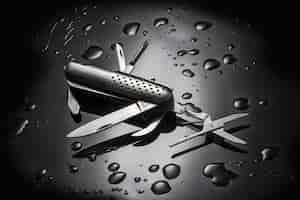 Photo gratuite capture en grand angle d'un couteau polyvalent en métal avec des gouttelettes d'eau isolées sur une surface noire