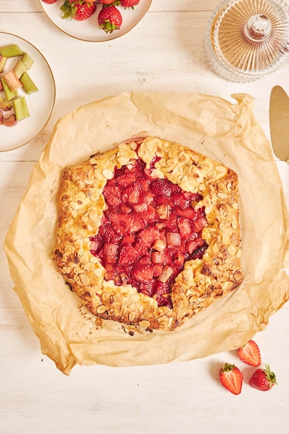 Capture en grand angle d'un délicieux gâteau au gallate de fraises à la rhubarbe avec des ingrédients sur une table blanche