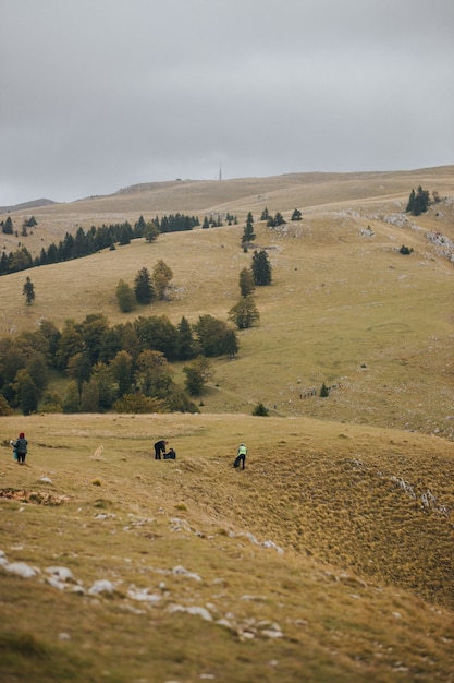 Capture verticale de personnes sur la montagne de Vlasic, Bosnie un jour sombre