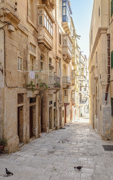 Capture verticale d'une ruelle de vieux bâtiments sous la lumière du soleil à La Valette, Malte